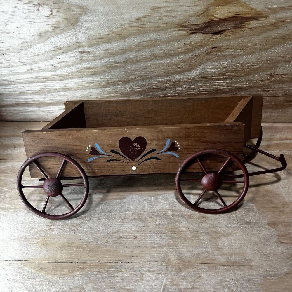 Vtg Wooden Wagon Planter Metal Wheels Country Americana Farmhouse Decor 13-15"